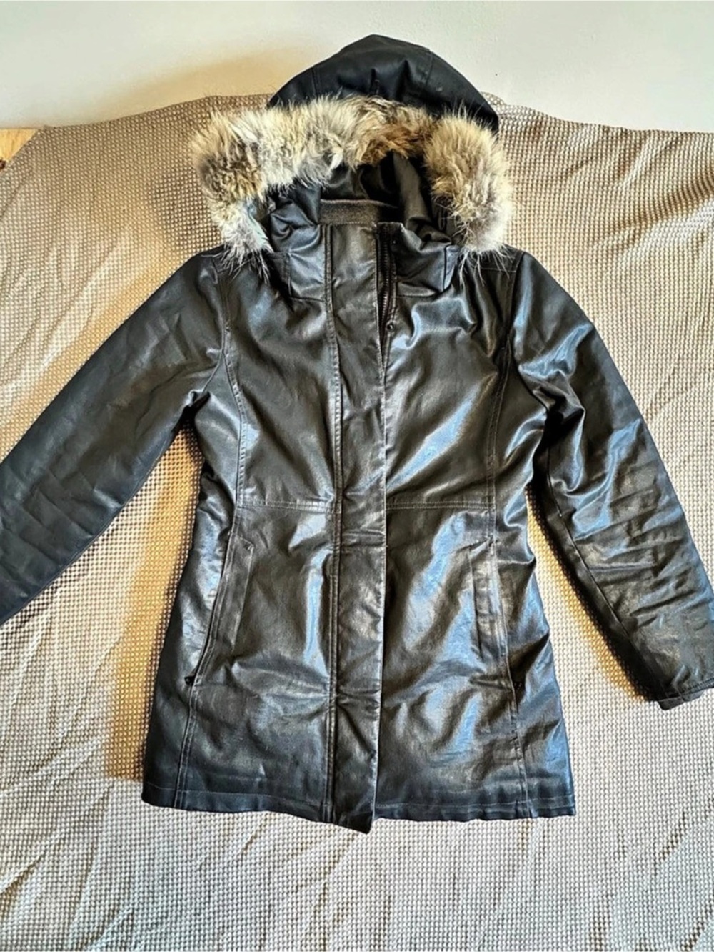 m0851 Faux Leather Hooded Jacket Size 2